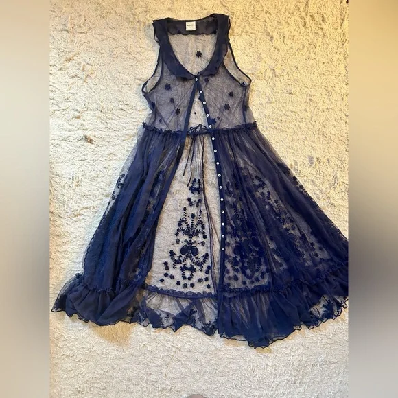 Free People Intimately Maxi Button Front Mesh Slip Dress w/ Collar Sz Small Navy - Picture 2 of 10